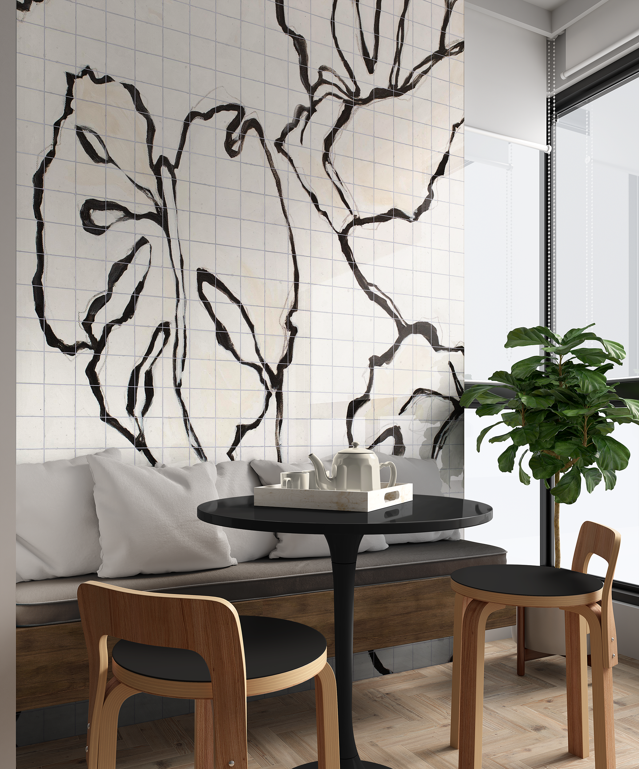 Luxury Hand-Crafted Morning Monstera Mural Tiles - Custom Zellige